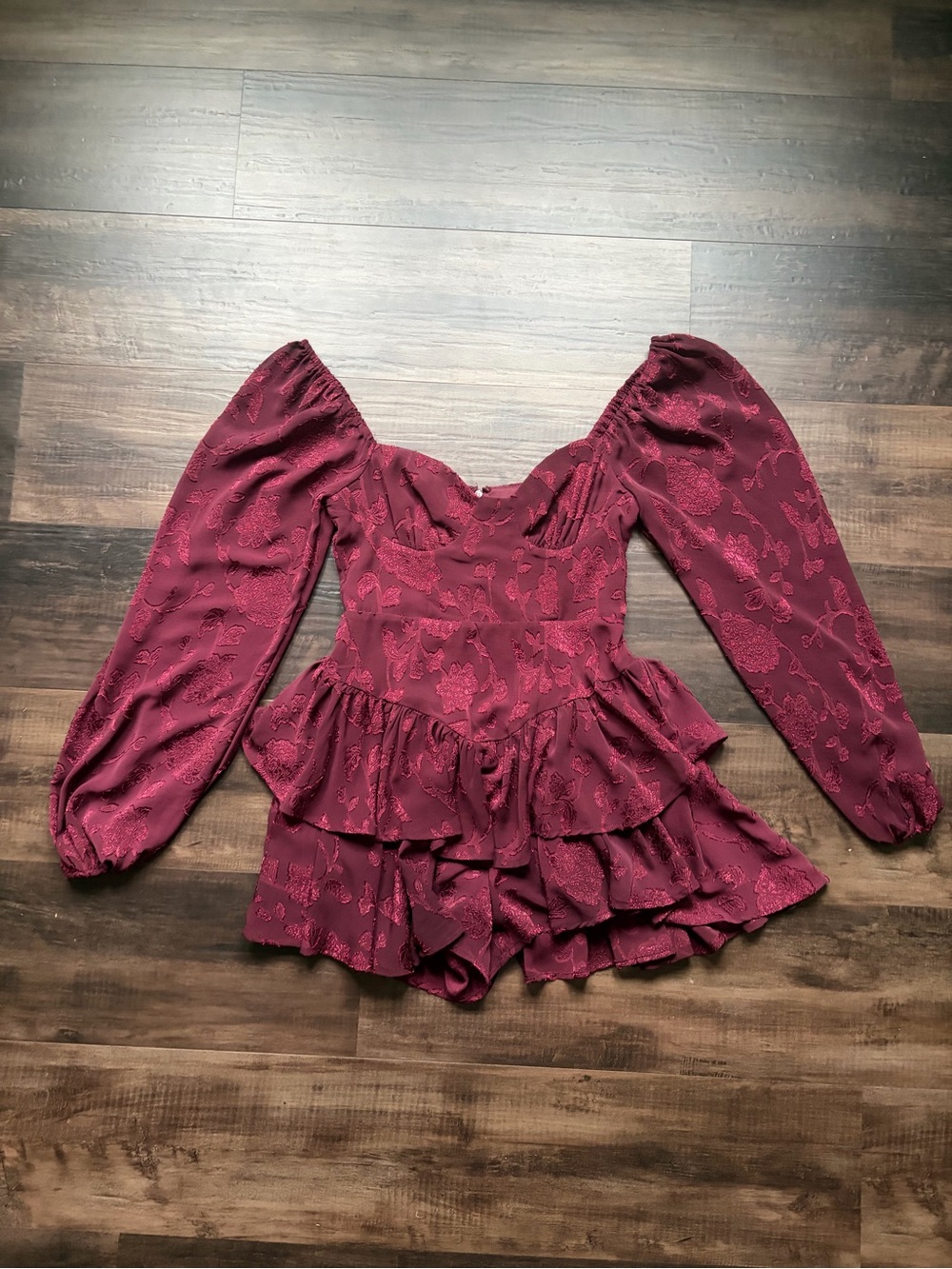 Altar'd State Burgundy Long-Sleeve Ruffle Tiered Romper